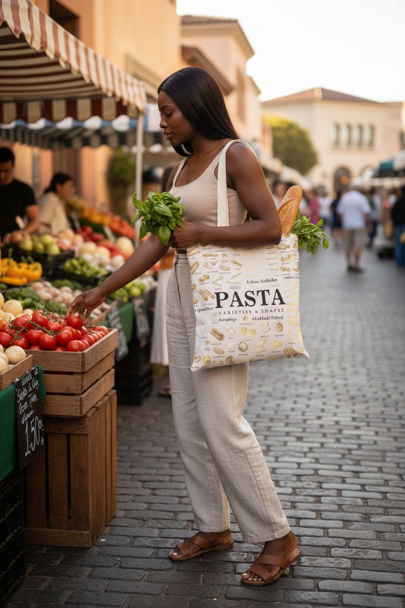Cream canvas spaghetti bag with black typography at a market, by BDPWSS.