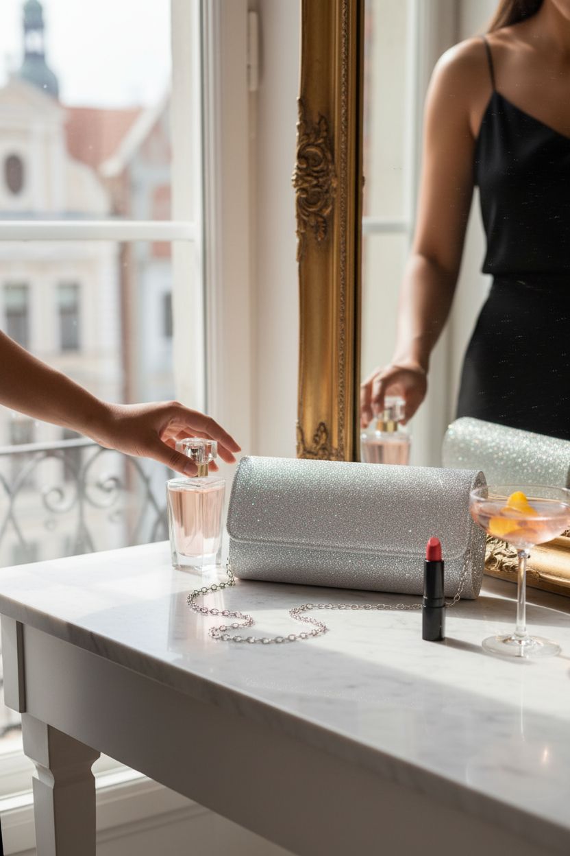 Chic lovyoCoCo sparkly purse beside perfume and lipstick on a vanity.