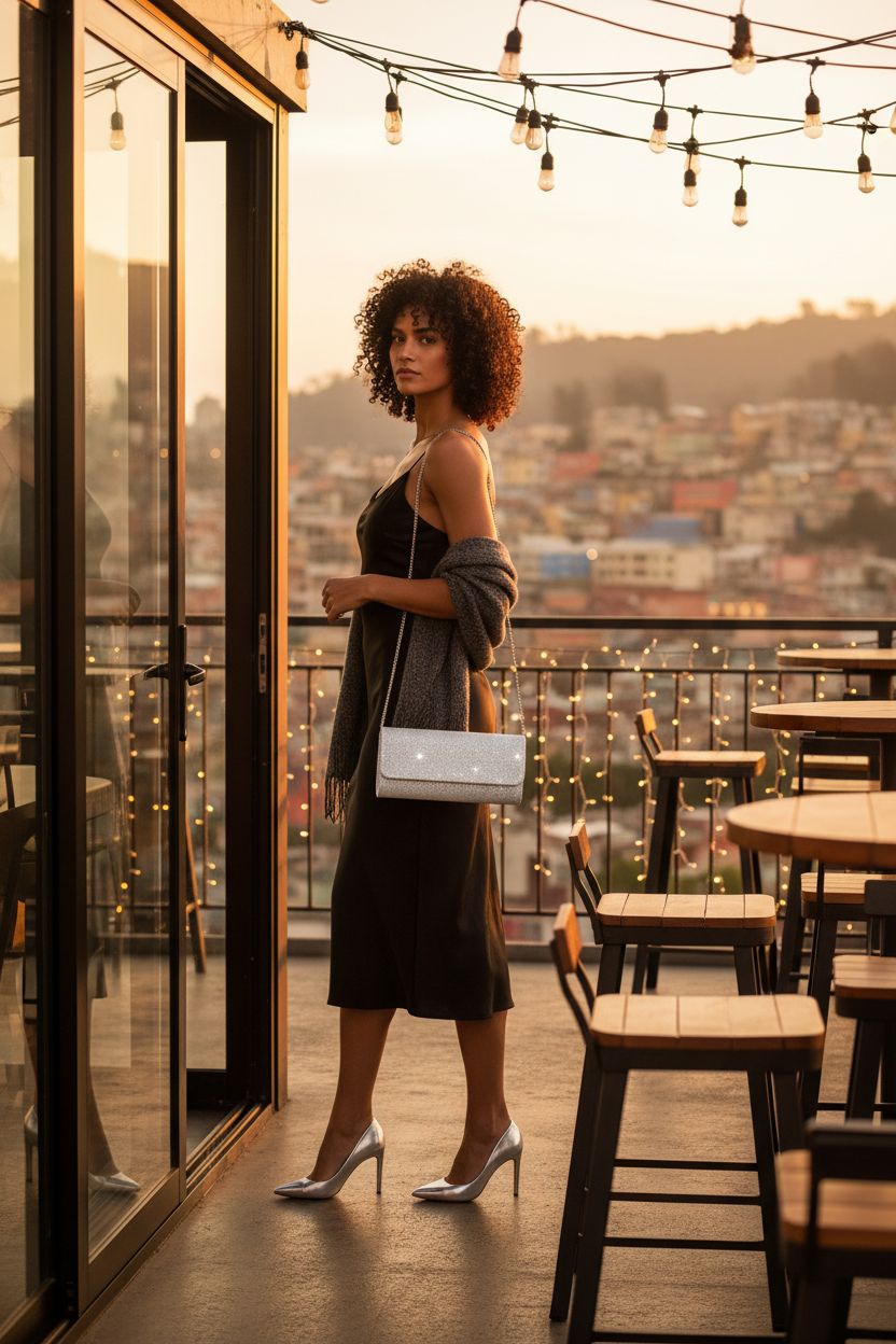 Elegant lovyoCoCo sparkly purse with silver glitter against a sunset backdrop.