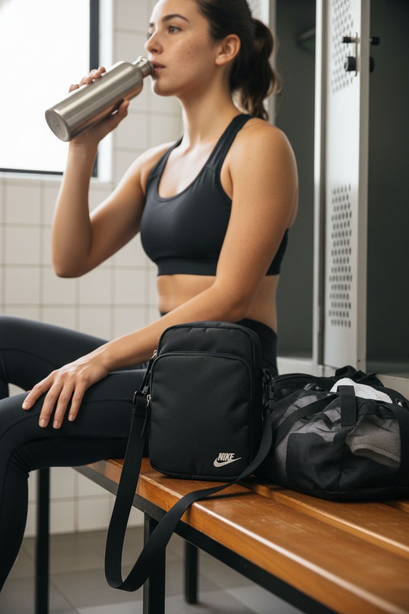 Nike Heritage crossbody bag resting next to gym essentials, ideal for post-workout cool downs.
