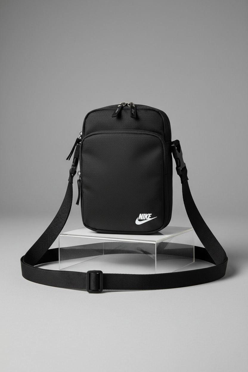 Close-up of Nike Heritage crossbody bag showcasing nylon texture, zippers, and embossed logo.