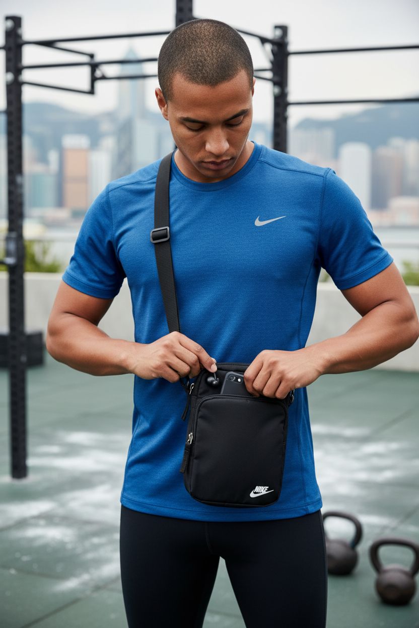 Nike Heritage crossbody bag opened to reveal earbuds in accessories pocket, perfect for post-workout.