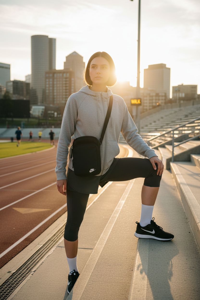 Nike Heritage crossbody bag worn during sunrise urban stretch, ideal for runners and fitness enthusiasts.