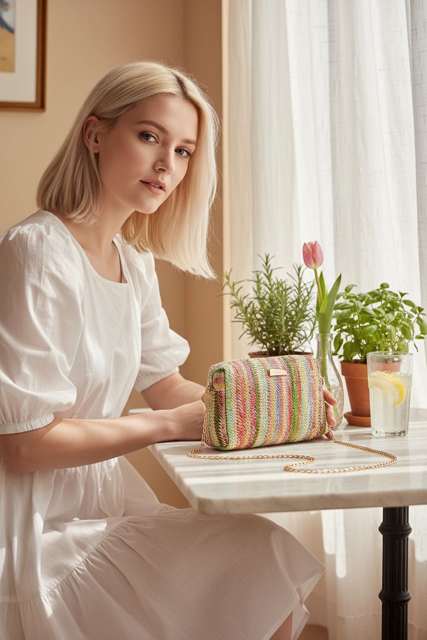 YYW spring straw bag styled on a marble table, surrounded by herbs and a sunny café ambiance.