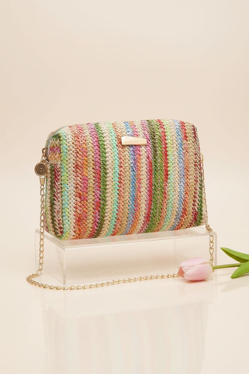 Close-up of YYW colorful straw bag on a clean set, highlighting the intricate weave and design.