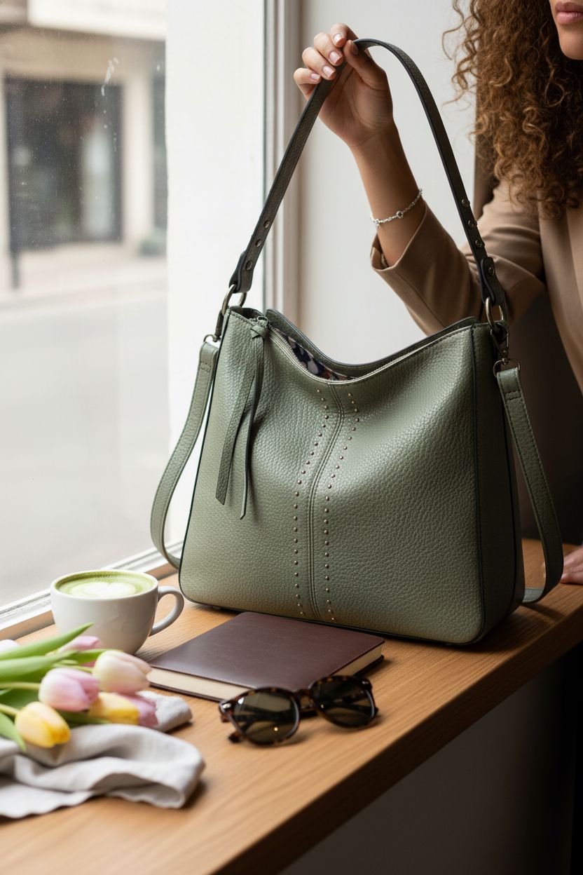 Montana West hobo bag resting by a café window, complemented by dappled spring light.