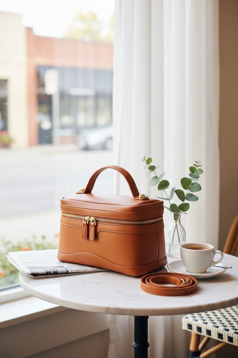 Cognac square purse by Ghsiuly on a marble table, creating a cozy café vibe with morning ambiance.