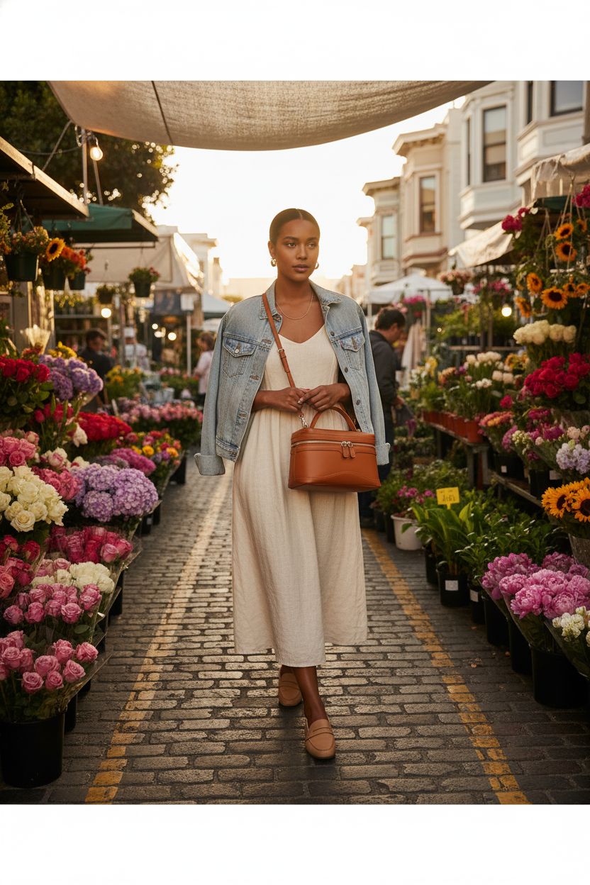 Cognac square purse by Ghsiuly in a flower market setting, showcasing trendy leather style.