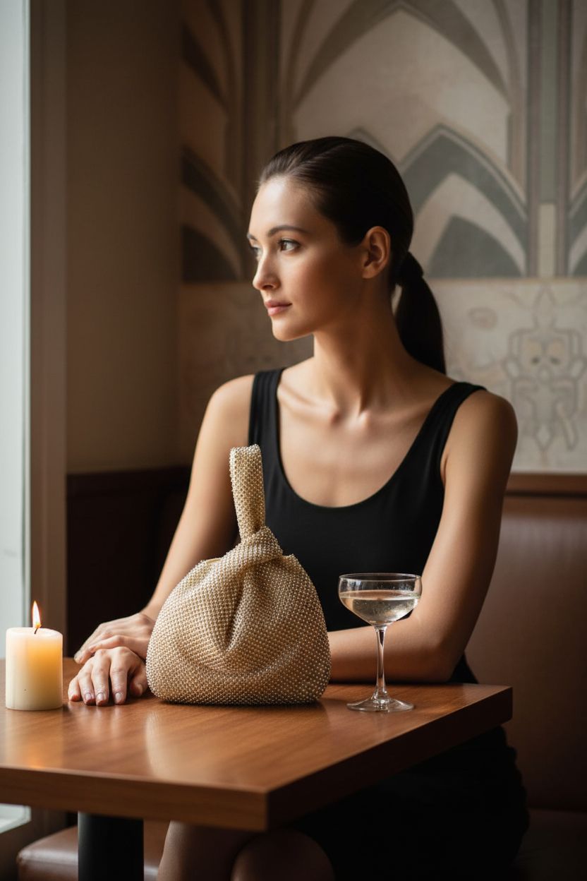 Jessica McClintock light-gold pouch on a walnut table with candle ambiance in a lounge.