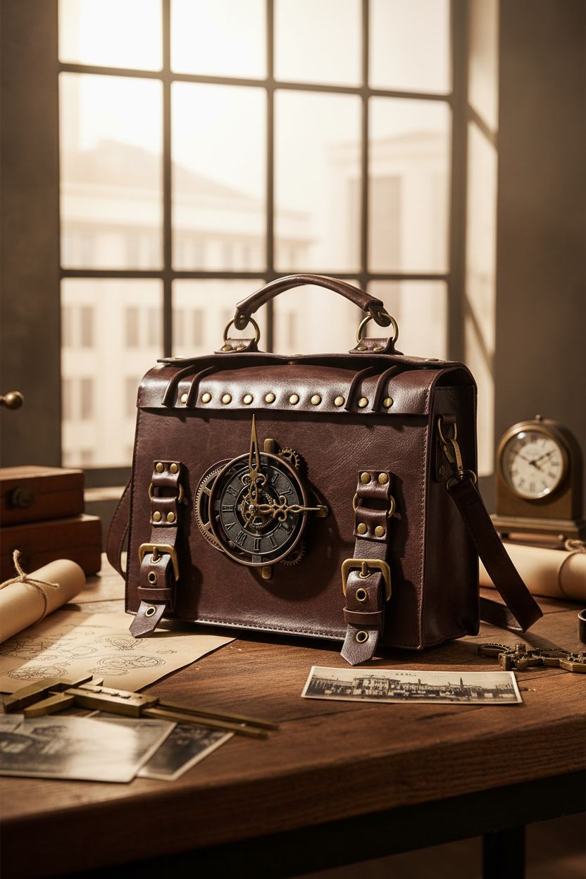 Valentoria steampunk messenger bag resting on a workbench, surrounded by inventor's tools and sketches.