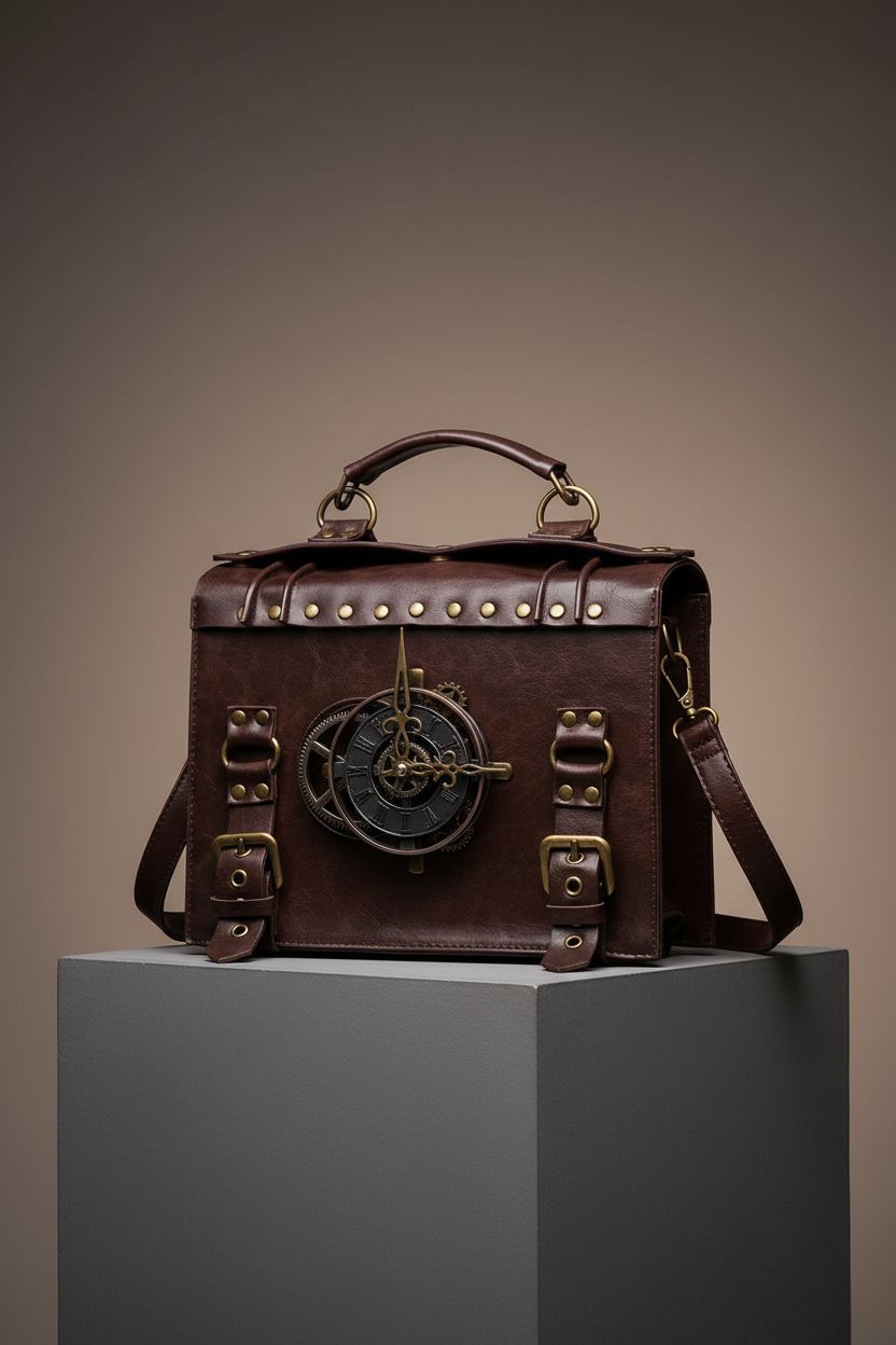 Product-focused image of Valentoria steampunk messenger bag, showcasing its structured design and brass accents.