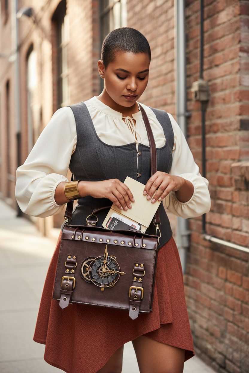 Valentoria steampunk messenger bag in dark brown leather, stylishly showcased in an industrial setting.