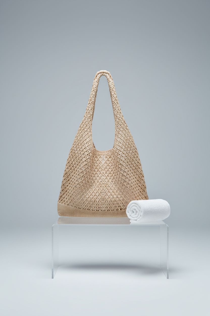 Close-up of COOKOOKY khaki crochet beach tote showcasing its pattern and design