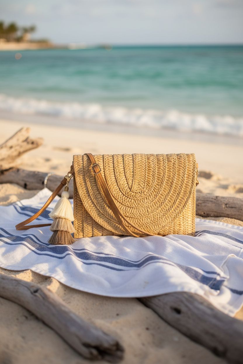 Aovtero straw crossbody bag on beach towel, highlighting its natural texture and summer vibe.