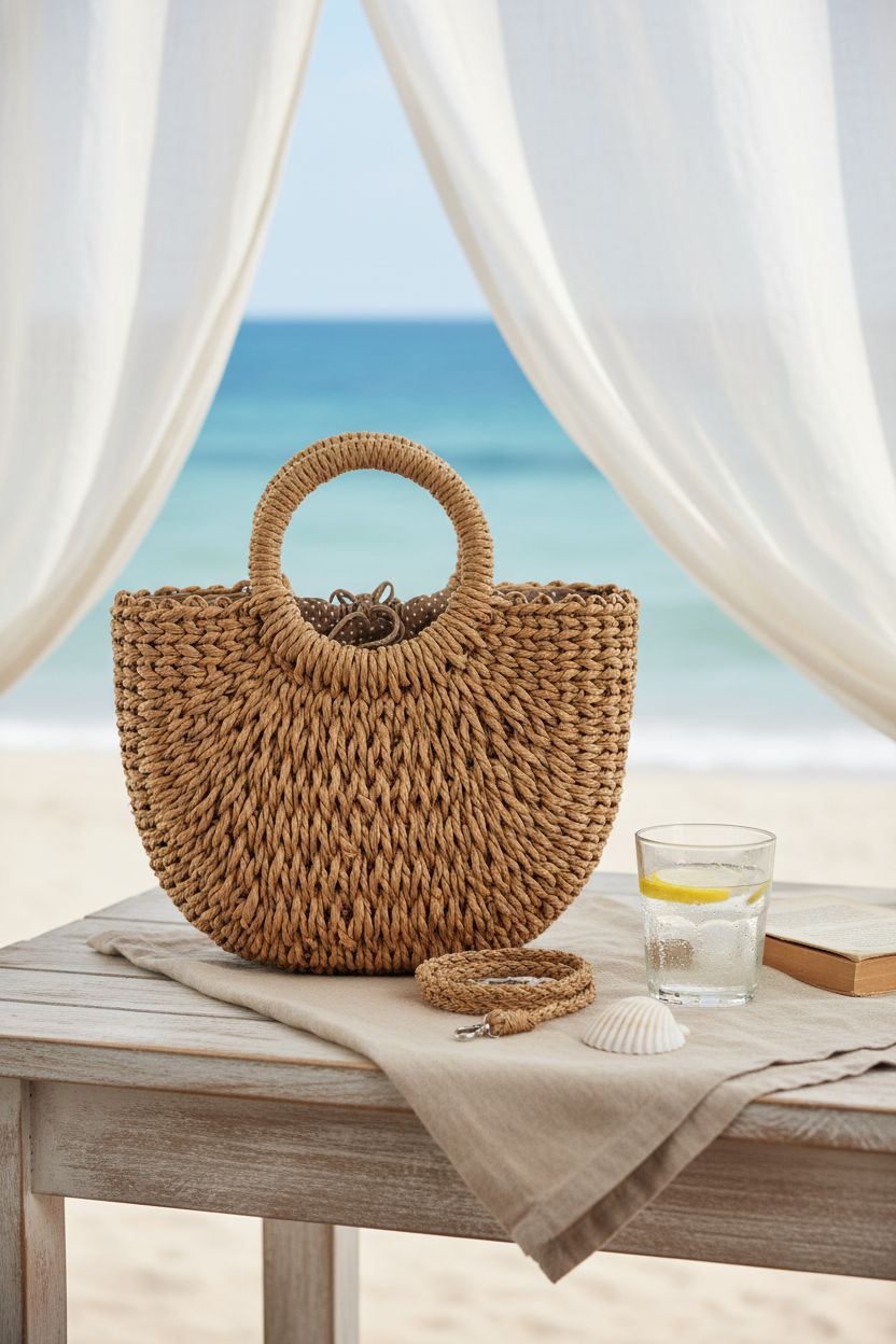 FENBEN straw purse on a wooden table by the beach, surrounded by a serene summer setting.