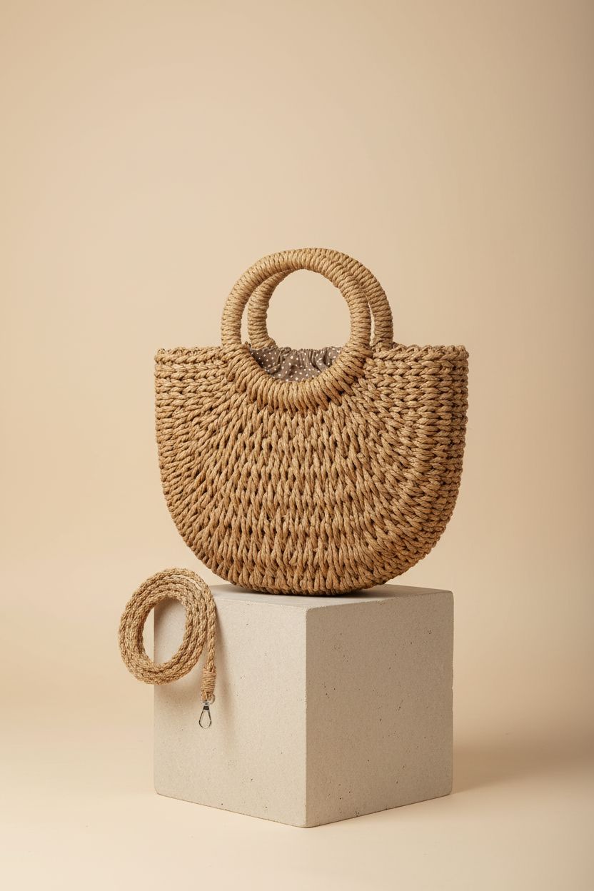FENBEN brown straw crossbody bag displayed on a clean studio set, highlighting its craftsmanship and design.