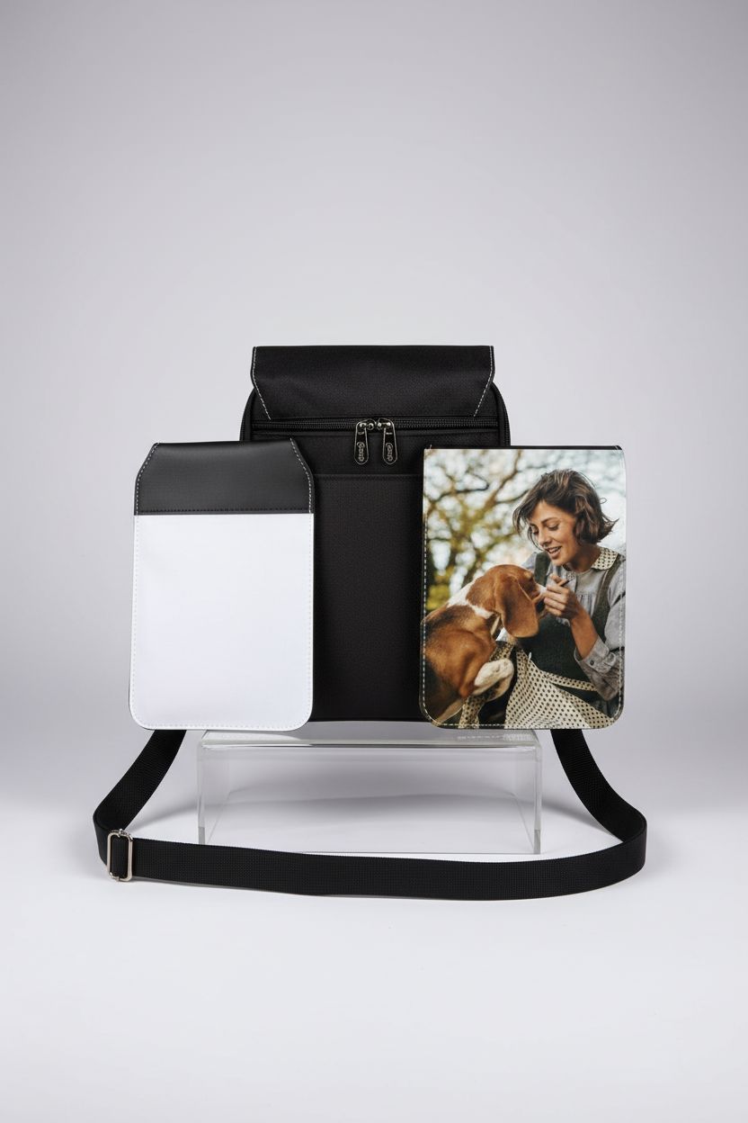 Olutacot sublimation purse showcasing detachable panels and strap details