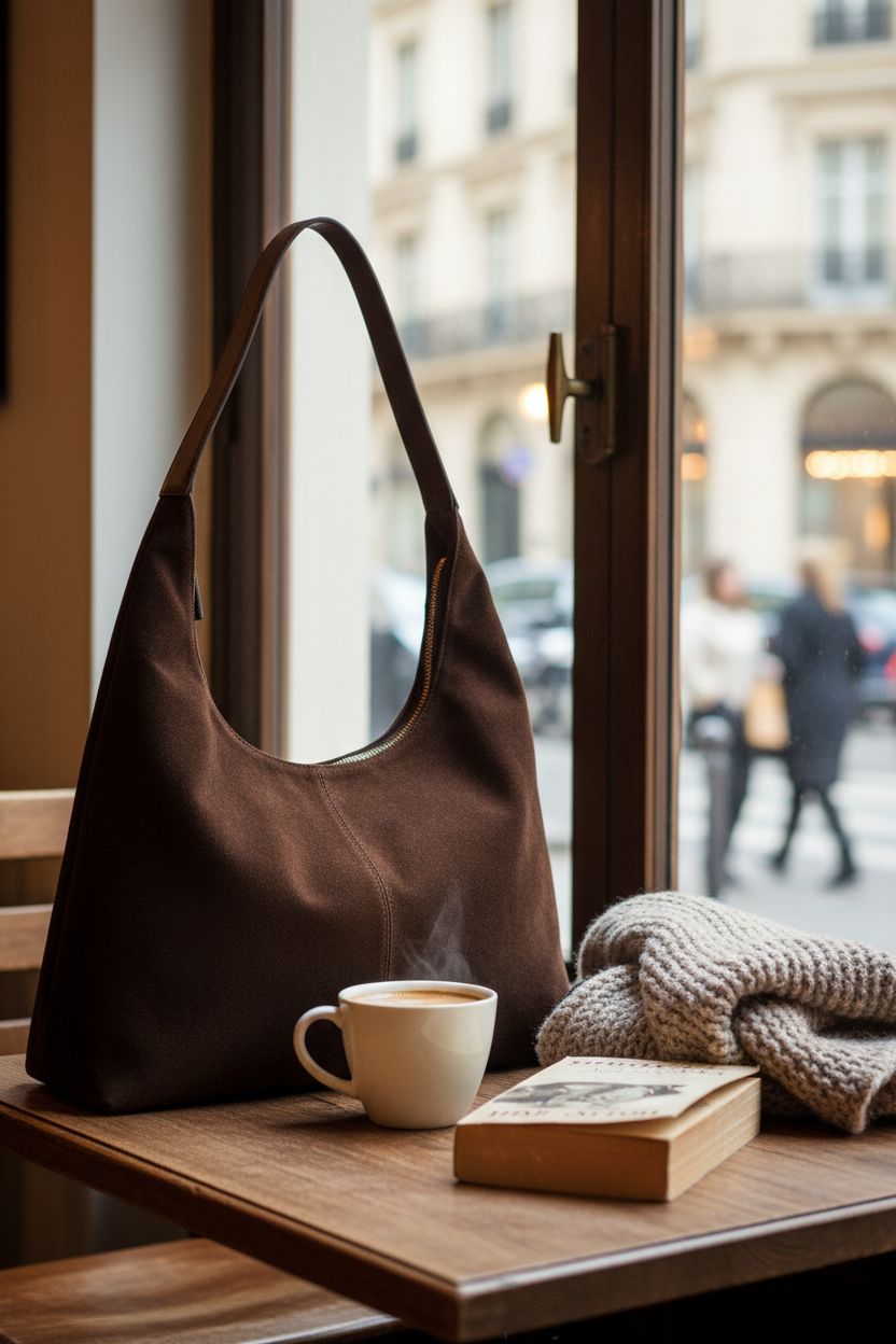 Cozy scene with Jusavie suede crescent bag on a café table, inviting warmth and style.