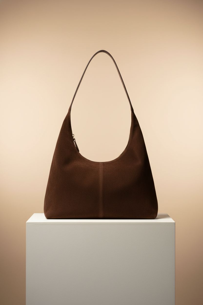 Studio shot of Jusavie suede crescent bag, highlighting its elegant design and texture.