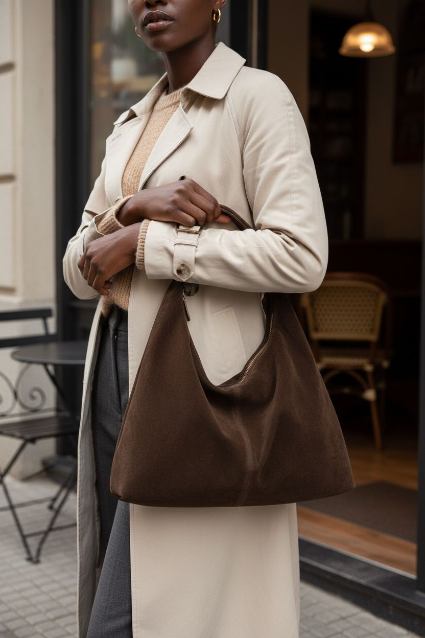 Jusavie dark suede crescent bag elegantly tucked under arm, perfect for café outings.