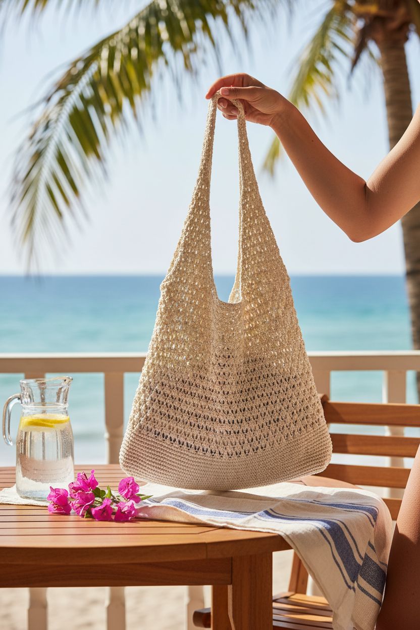 Hatisan crochet summer bag on a beach bungalow table with tropical decor, enhancing summer vibes.