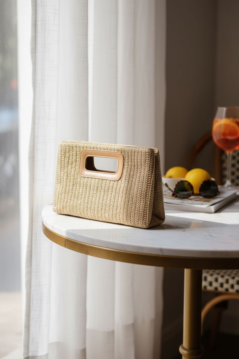 Kseymeir summer handbag on a café table with lemon slices and sunglasses, relaxed mood.