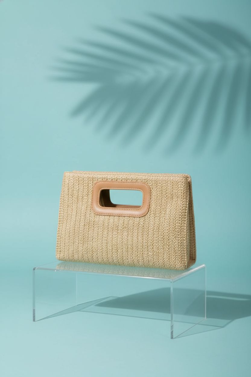 Kseymeir top handle straw clutch in a studio with sea-glass backdrop, showcasing craftsmanship.