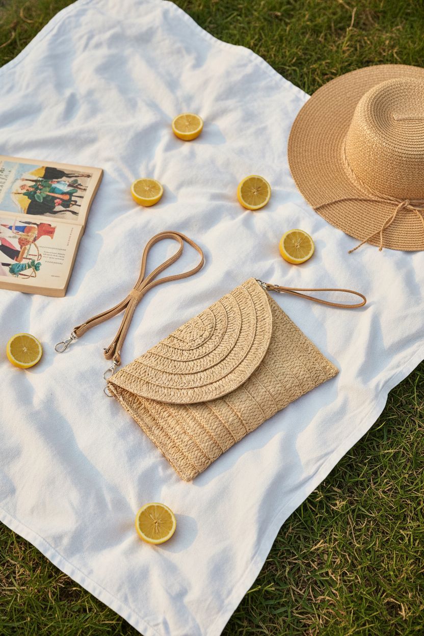 COOKOOKY straw purse on a picnic blanket with books and lemons, embodying summer relaxation.