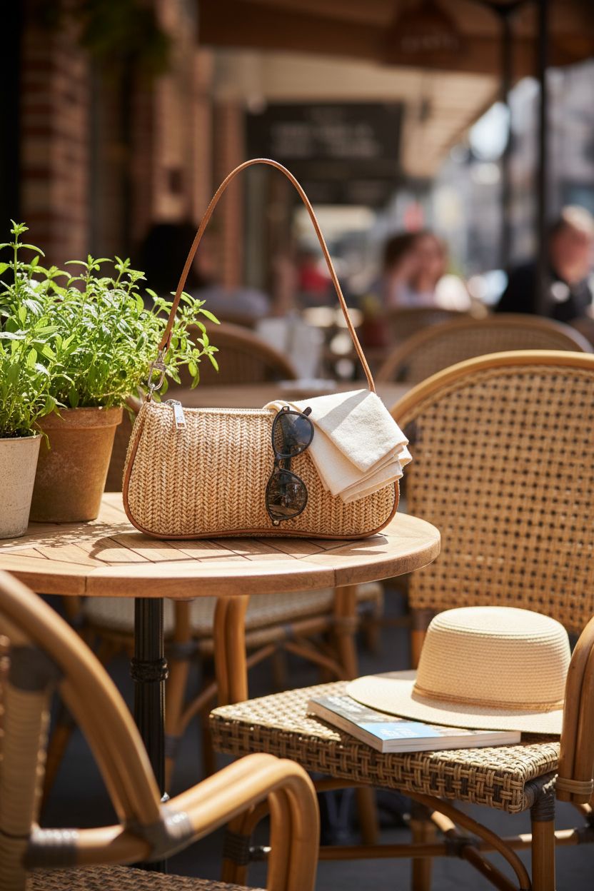Relaxed summer vibe with Verdusa's straw shoulder bag on a café patio table.