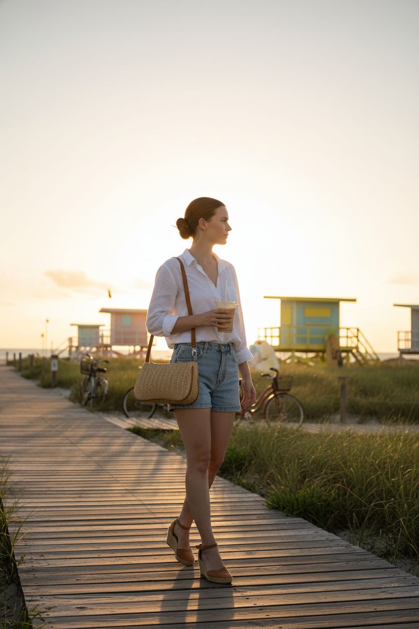 Khaki straw woven shoulder bag by Verdusa, perfect for summer days by the seaside.