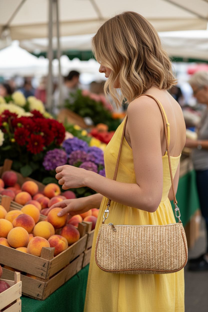 Verdusa khaki straw shoulder bag featuring zipper closure, ideal for summer market trips.