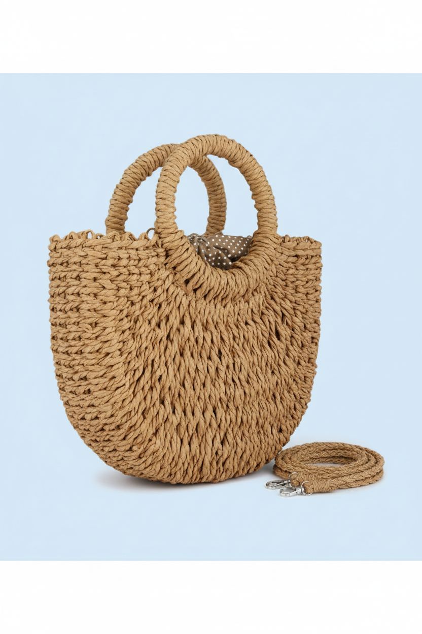 FENBEN straw crossbody bag displayed on a studio backdrop, highlighting its stylish design and details.