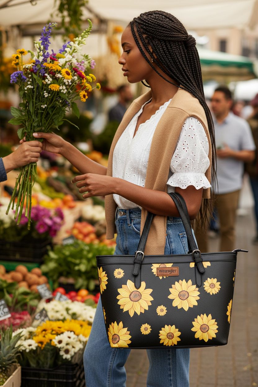 Montana West sunflower tote bag with zipper, shown at a market with floral details.