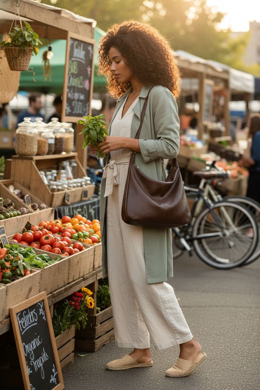 NIUEIMEE ZHOU deep brown crossbody bag at a farmers' market, complementing a light ecru outfit.