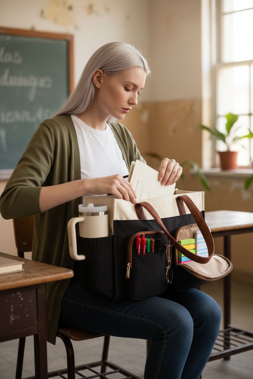 LOVEVOOK Teacher Tote Bag on a desk, featuring red/green pens and a laptop inside.