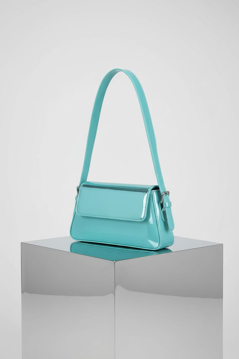 Youjaree teal handbag on a studio set, showcasing its sleek Y2K design and glossy finish