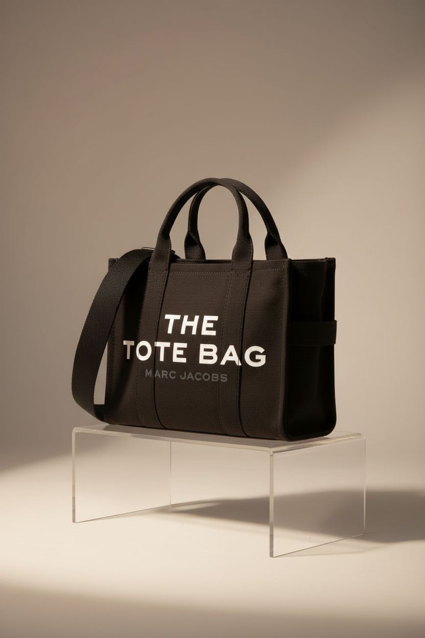 Close-up of Marc Jacobs black canvas medium tote bag showcasing craftsmanship