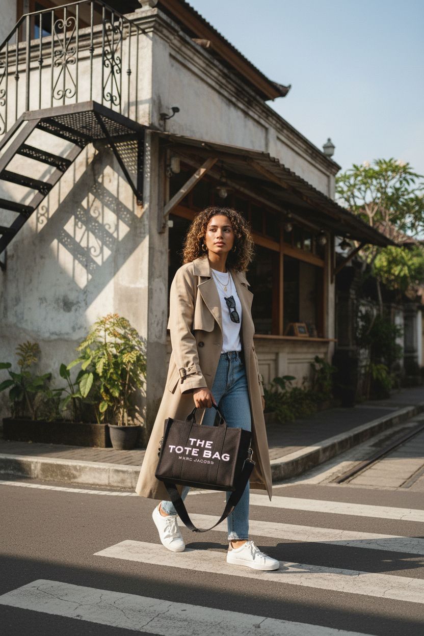 Marc Jacobs black canvas tote bag swinging at model's side on city street