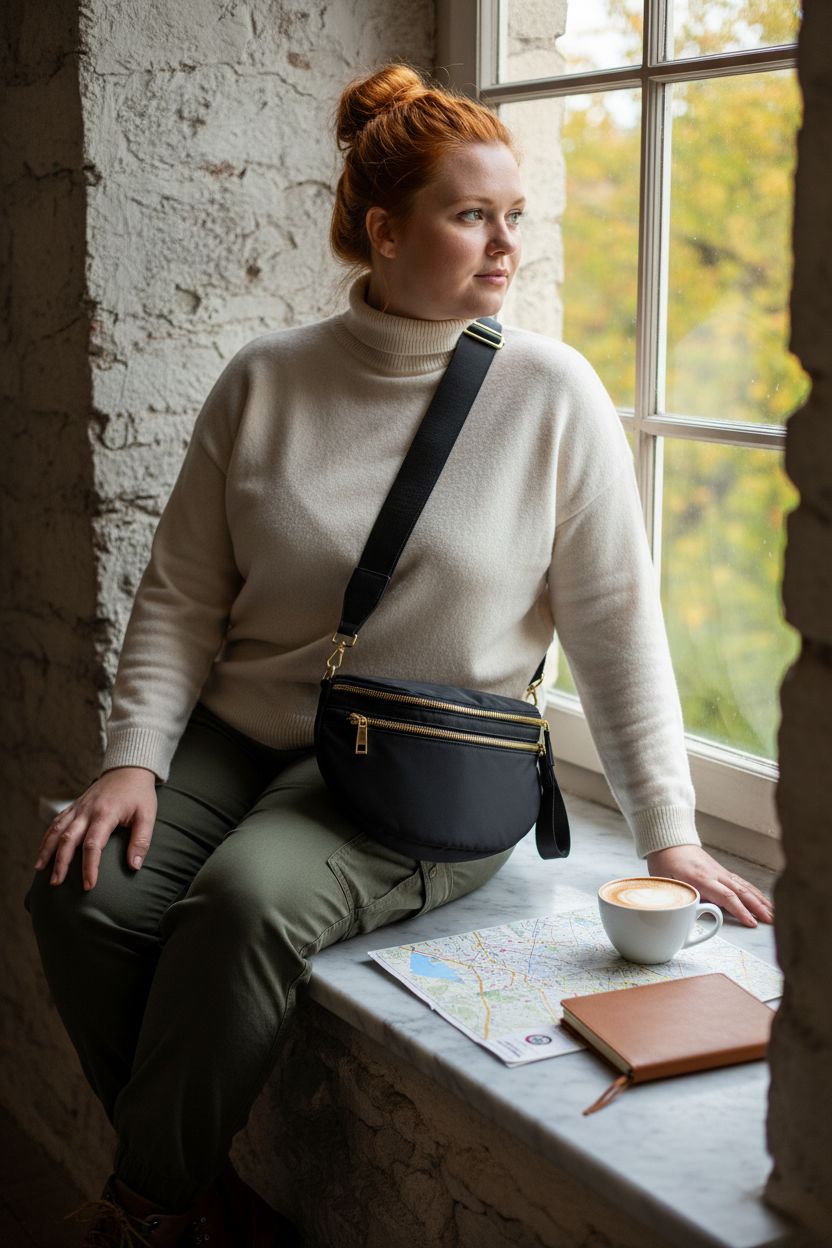 FEIBOON thick strap crossbody bag resting on marble with a city map and cappuccino.