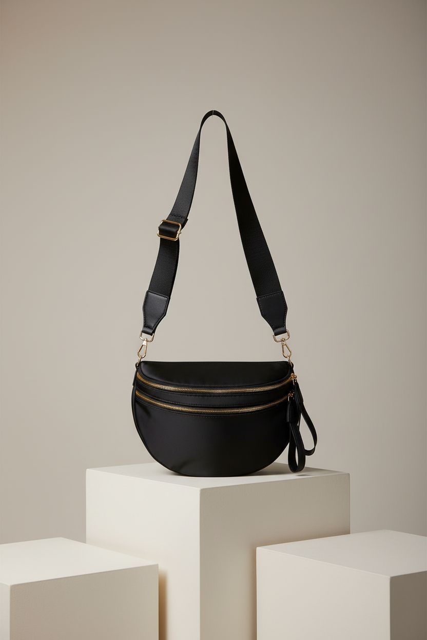 Product shot of FEIBOON black nylon thick strap crossbody bag highlighting craftsmanship.