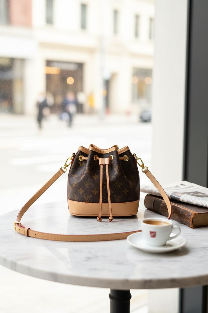 Designer Monogram Bucket Bag in a serene café setting with an espresso and vintage book.