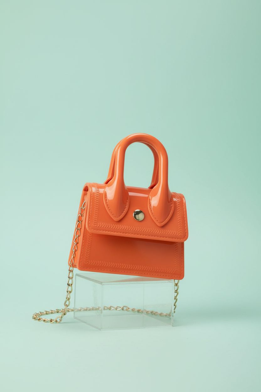 Product shot of Canpto's tiny orange purse, showcasing its design with glossy edges and a stylish chain.
