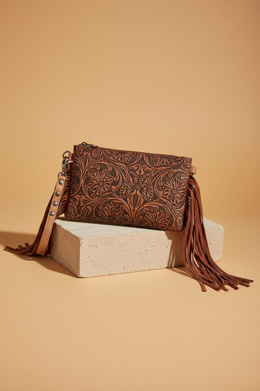 Montana West Mini Crossbody Purse showcasing floral embossing and fringe