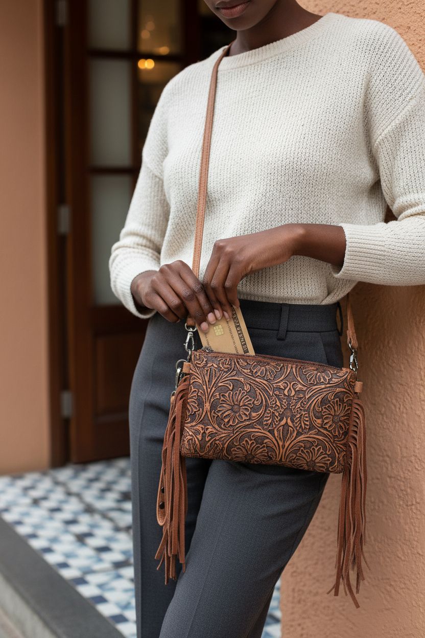 Montana West tooled leather purse with crossbody strap and credit card slot