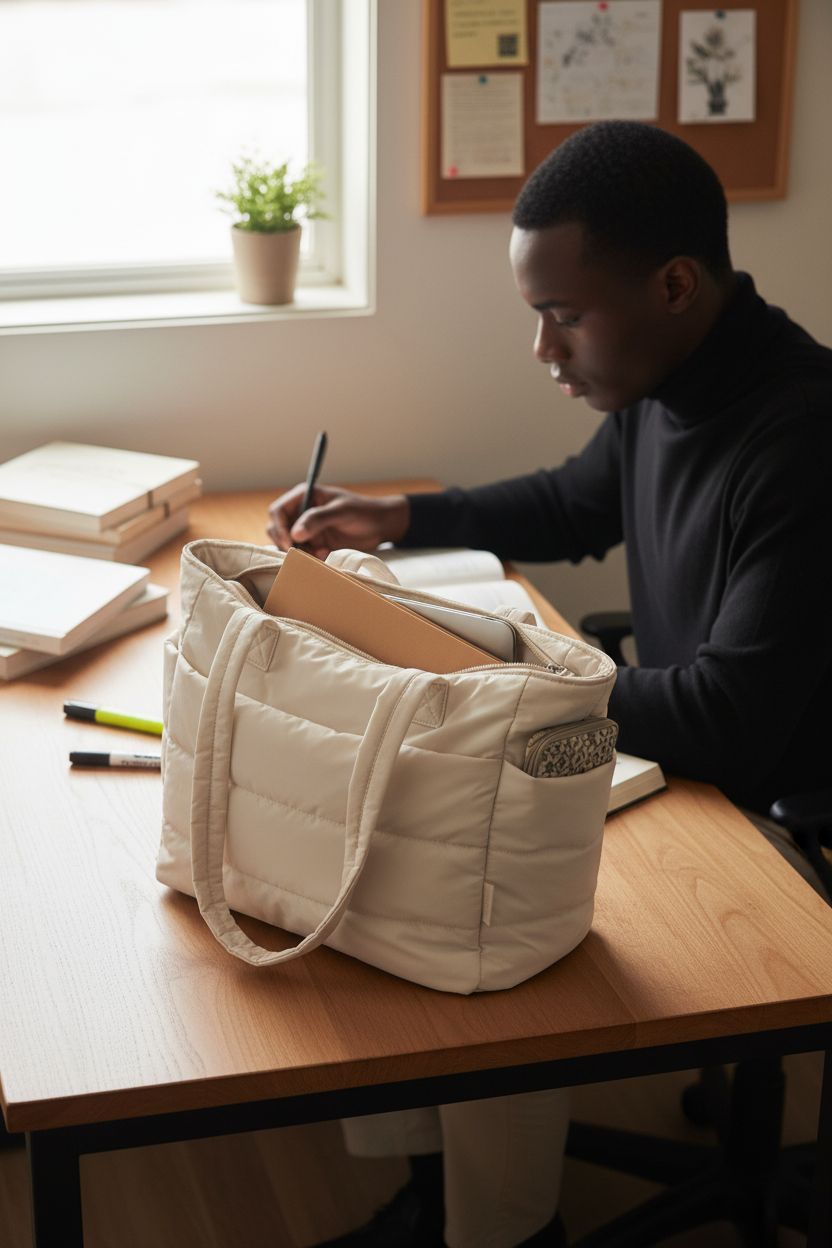 BAGSMART beige tote bag in cozy study nook, great for school supplies