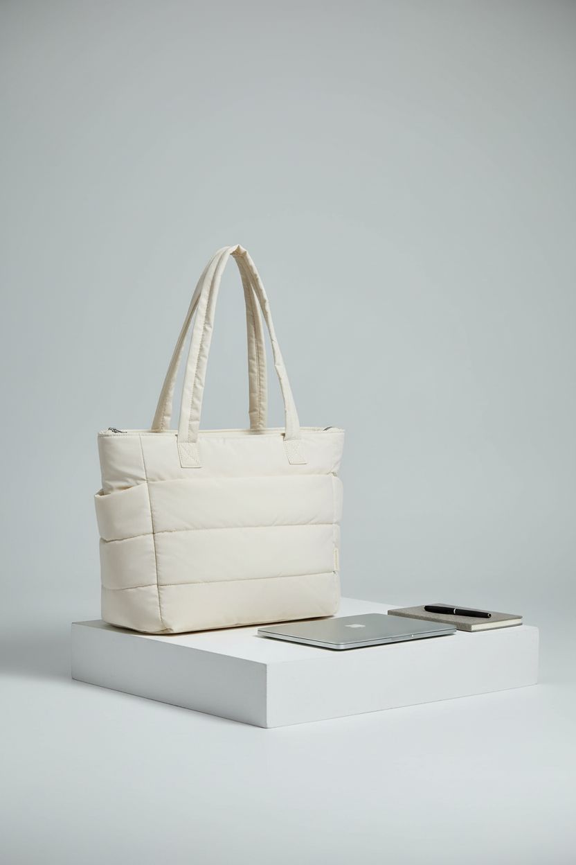 BAGSMART beige tote bag showcasing puffy texture and compartments for school use