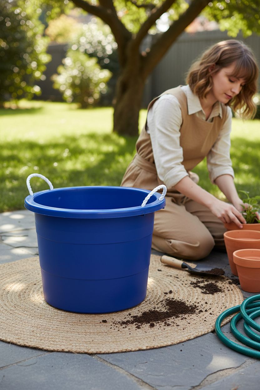 United Solutions blue tote bucket resting on a jute mat in a potting corner with garden tools