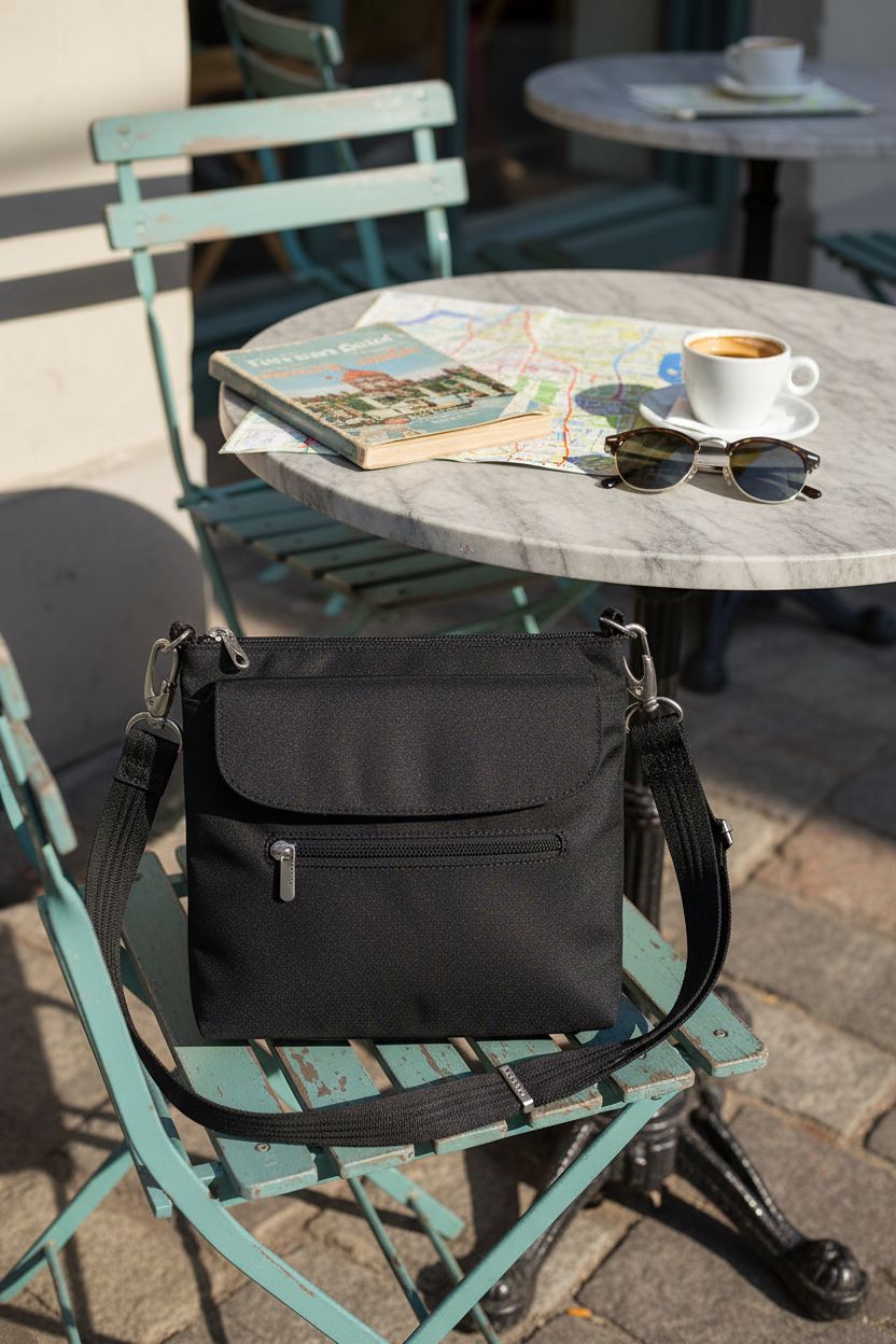 Travelon Anti-Theft Classic Mini Shoulder Bag resting on a café terrace, highlighting its compact design and lockable strap.