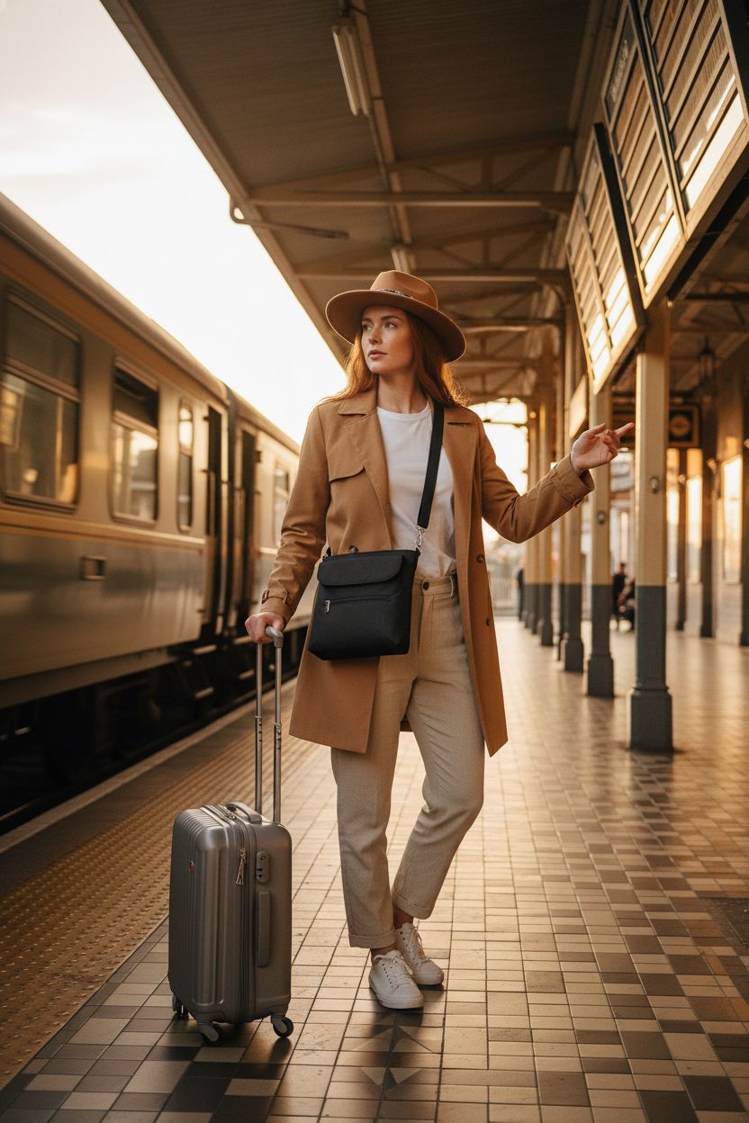 Travelon Anti-Theft Classic Mini Shoulder Bag worn on a vintage platform, perfect for stylish travel.