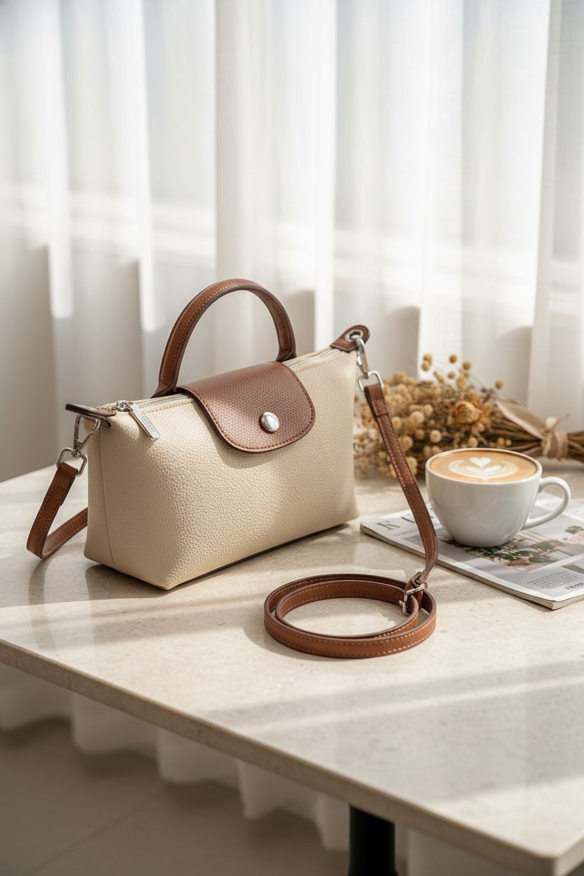 VesaNa Yoolo off-white crossbody bag featured in a serene brunch setting with cappuccino
